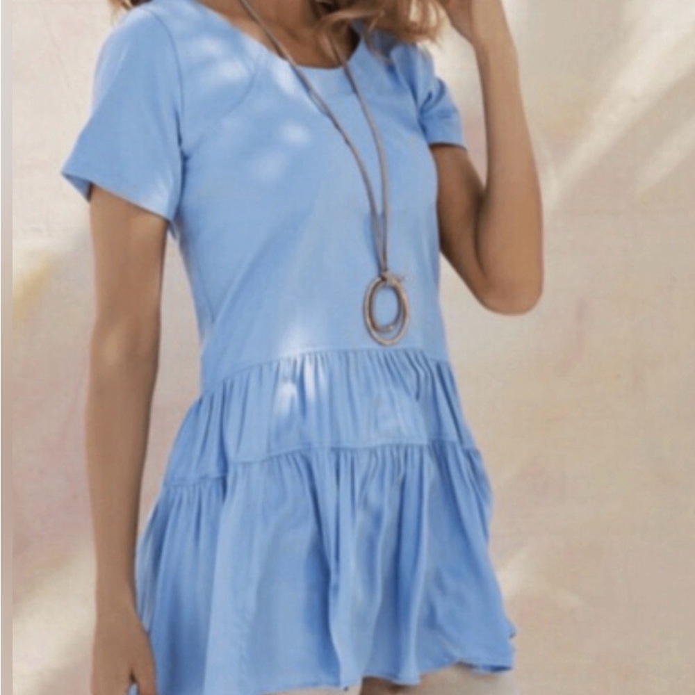 Soft Surroundings Khloe Top Blue Tiered Satin Peplum Short Sleeve-Size Med- EUC